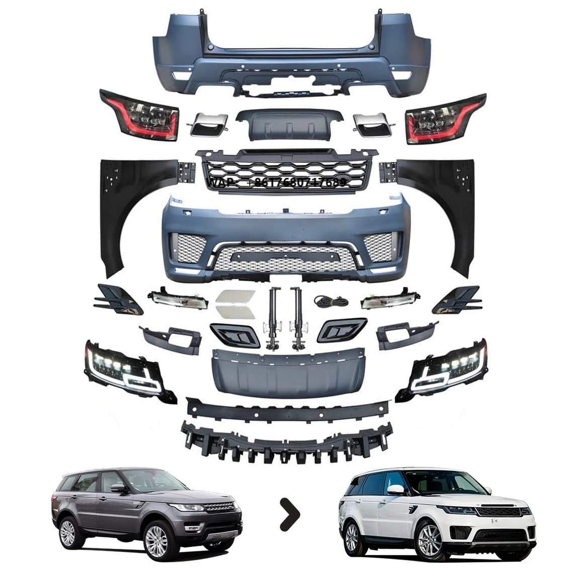 2022 New Design Body Kit for Range Rover Sport L494 14-17 Upgrade to 2020 OEM PP+ABS Material Front+Rear Bumper with Fender Lamp