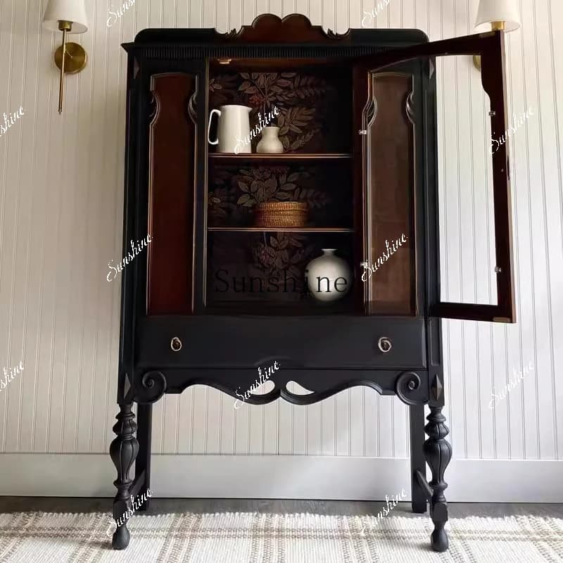 French retro solid wood wine cabinet/light luxury living room storage simple and modern  FT