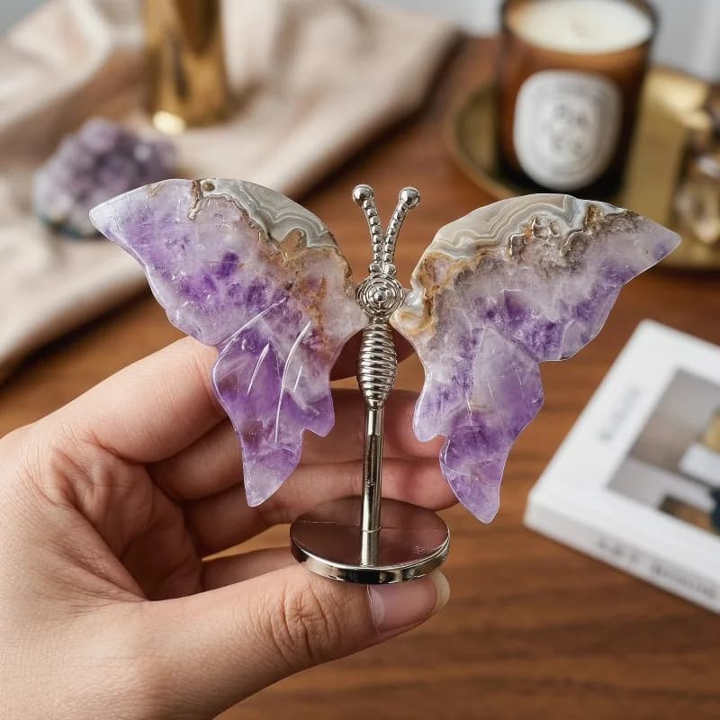 1pc Amethyst Dream Butterfly Desk Decor - Hand-Carved with Metallic Stand, Elegant Home Office Decoration