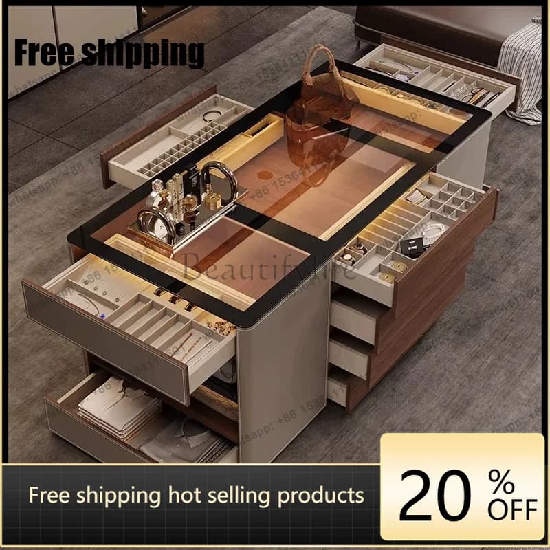 YJ saddle leather jewelry display cabinet Italian light luxury cloakroom middle island cabinet storage double-sided storage