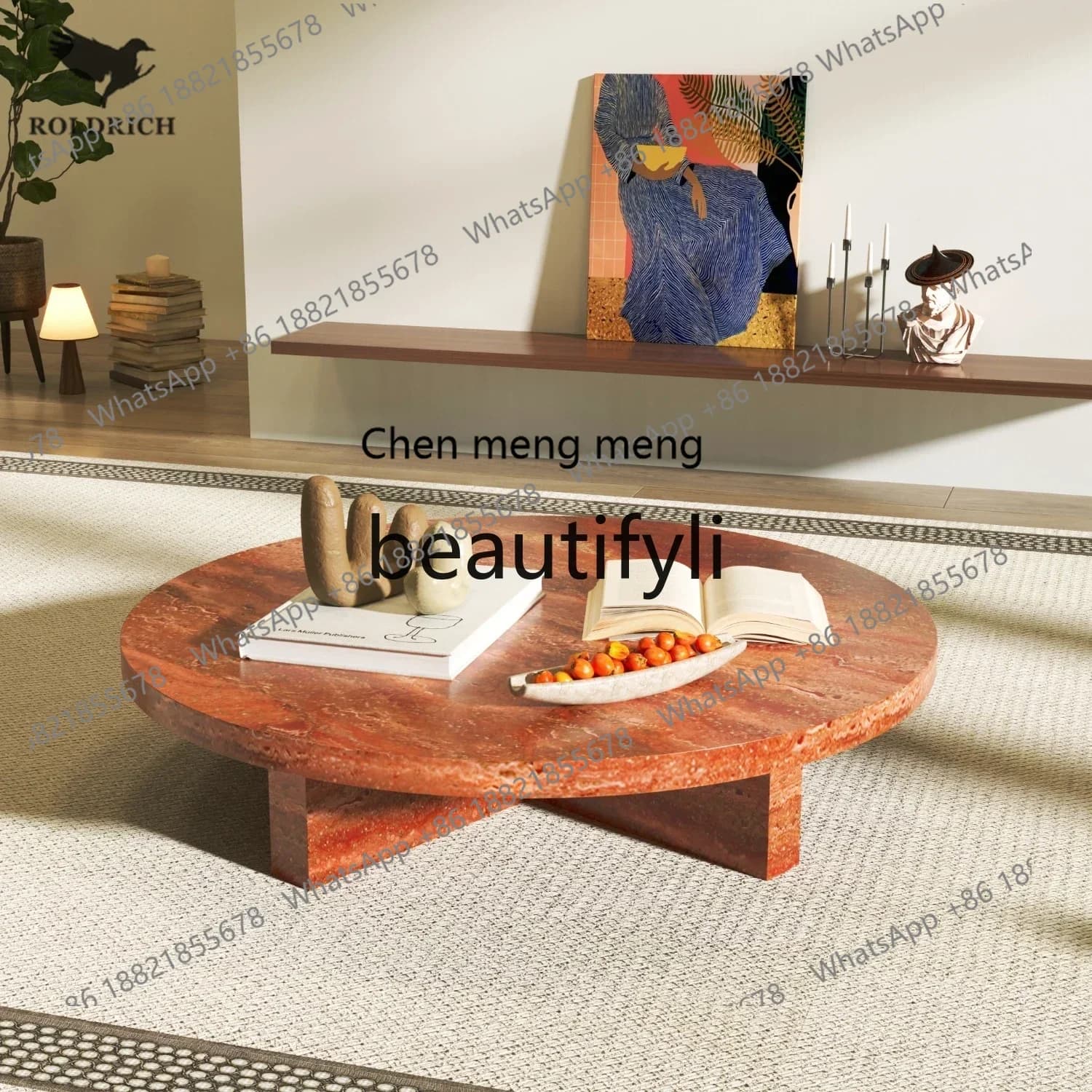 SS S7486 Red travertine round coffee table retro style home living room apartment high-end luxury stone light luxury tea table e