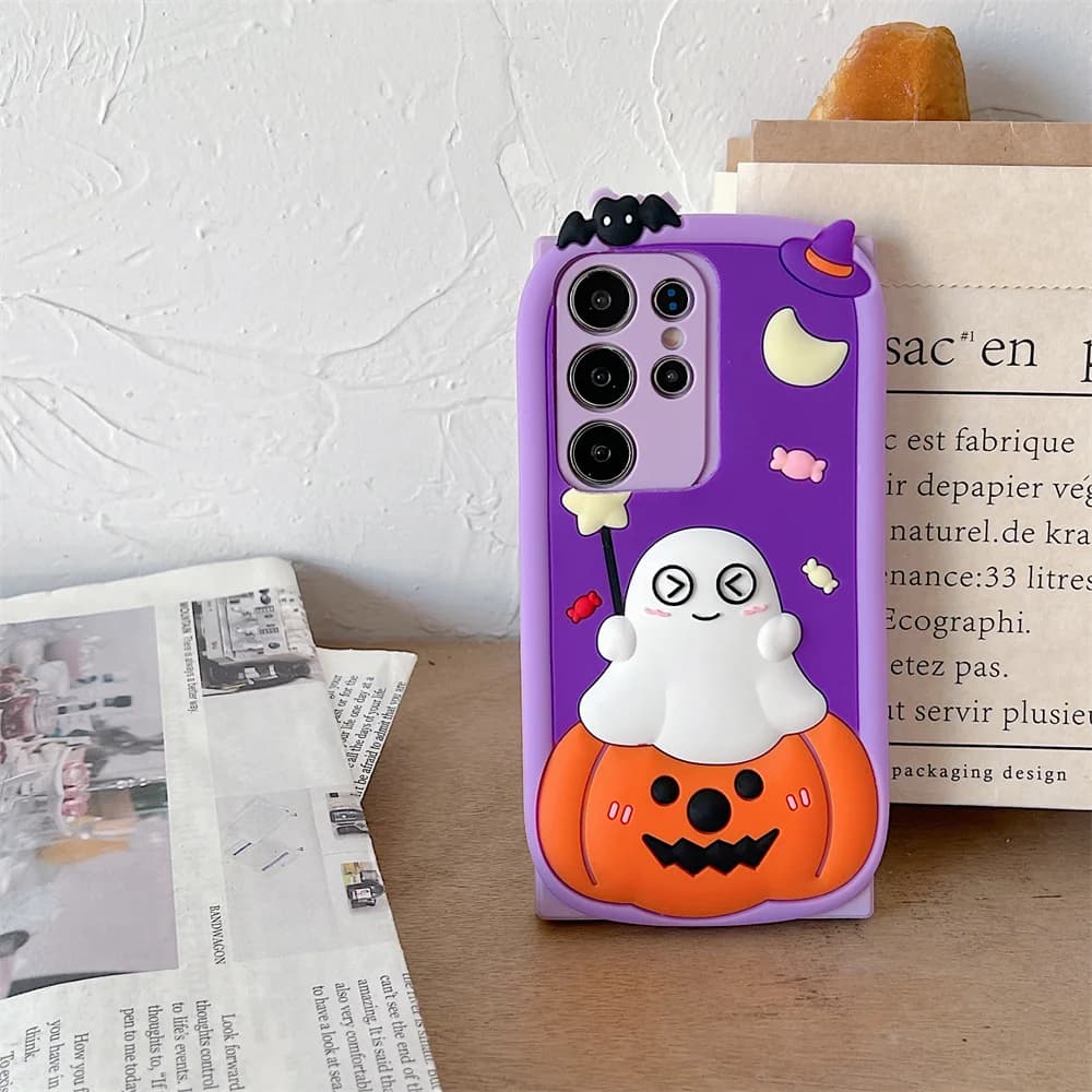 Pastel Purple Cute Halloween Ghost Pumpkin Phone Case for 17 Pro Max Cartoon 3D Soft Silicone Protect Cover for iPhone 16 15 14