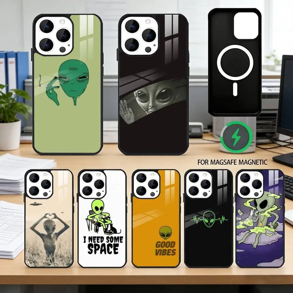 Funny Space UFO A-alien T-thing Phone Case For iPhone17,16,15,14,13,12,11 Plus,Pro Magnetic with Magsafe Wireless Charging