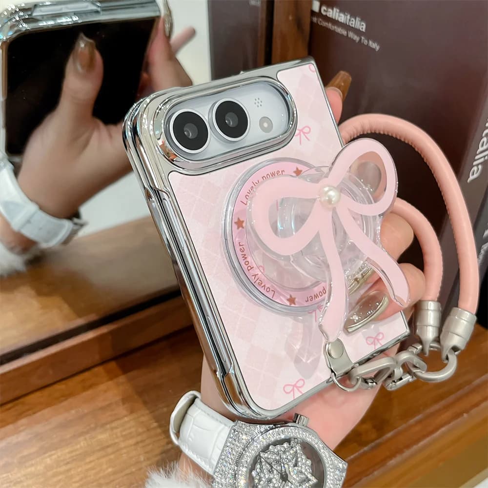 New Ins Kawaii Crystal Beaded Chain Phone Case For iPhone Duo Magnetic Adsorption Fold Cover Anti-Drop Protective with Chain