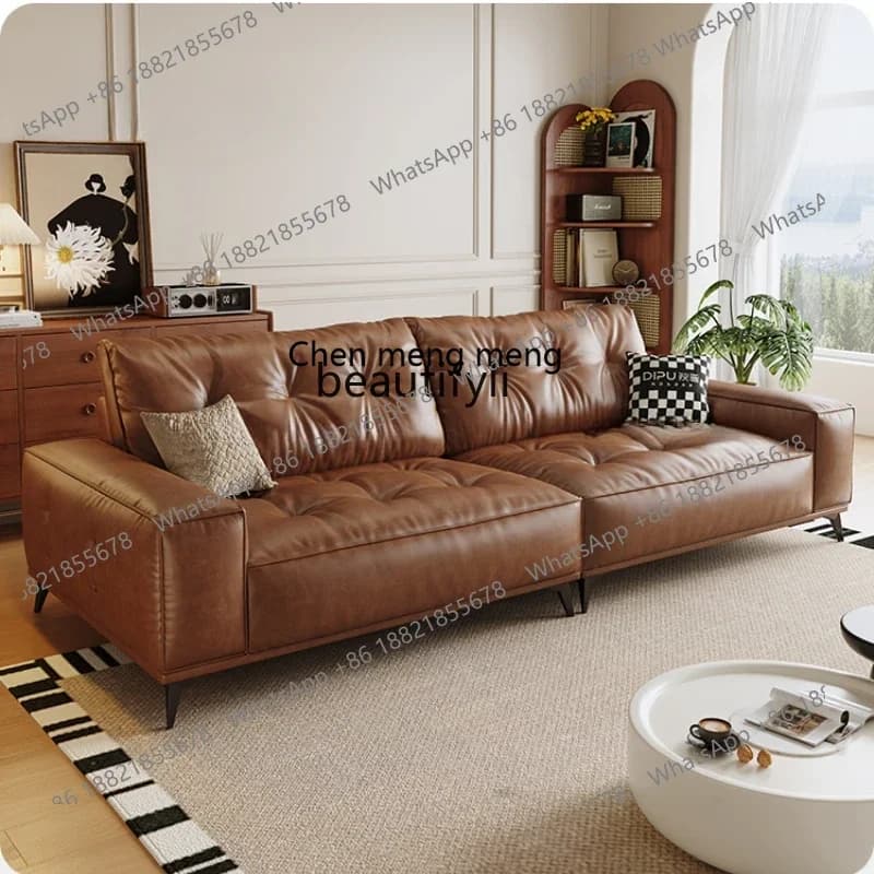 X   Leather sofa Italian minimalist light luxury retro style small apartment living room oil wax leather sofa