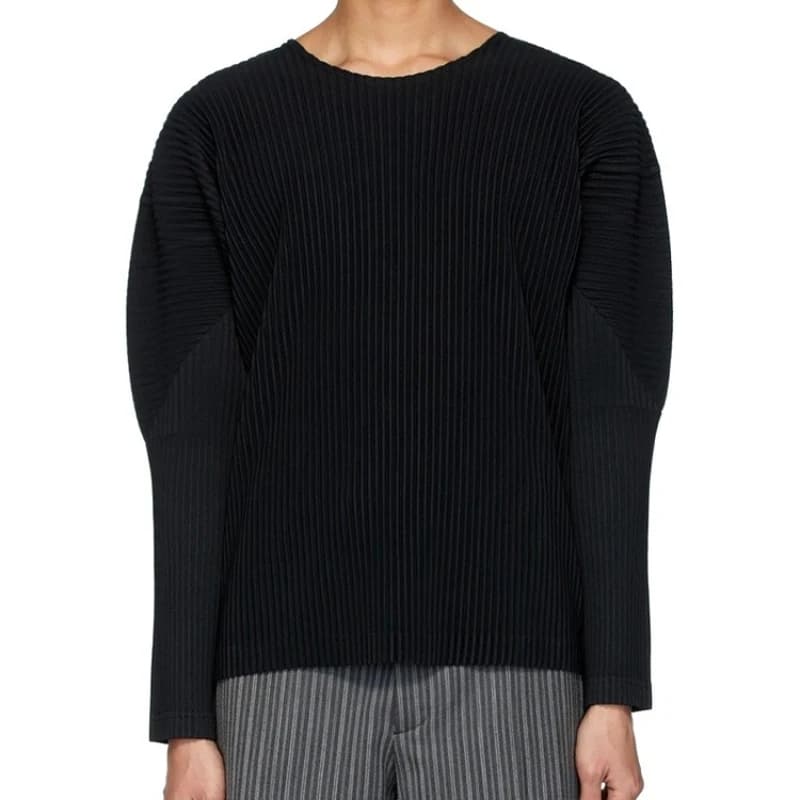 MIYAKE pleated classic long-sleeved T-shirt, loose shoulder round-neck casual base layer shirt for men, trendy style