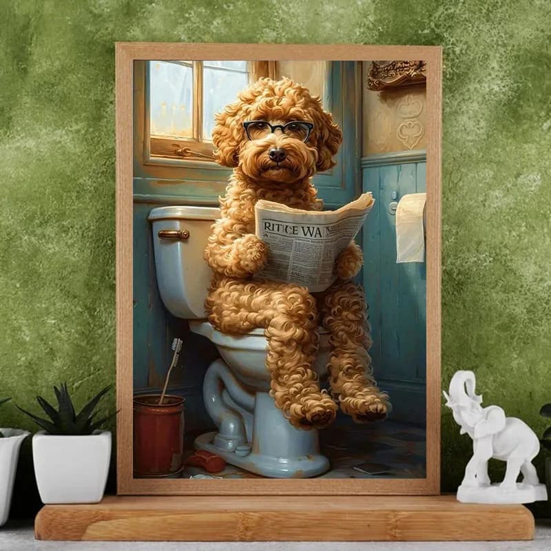 Golden Retriever Dog Reading Newspapers, Posters And Printing On The Toilet, Fun Animal Canvas Wall Art, Animal Bathroom Decor
