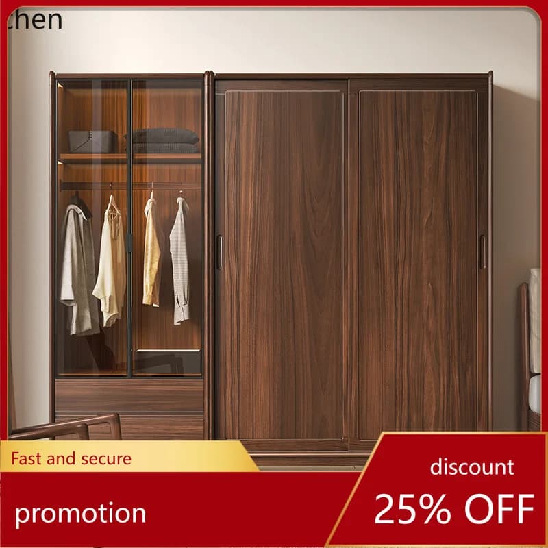 ZML Solid Wood Wardrobe Sliding Door Household Bedroom Storage Cabinet Glass Cabinet