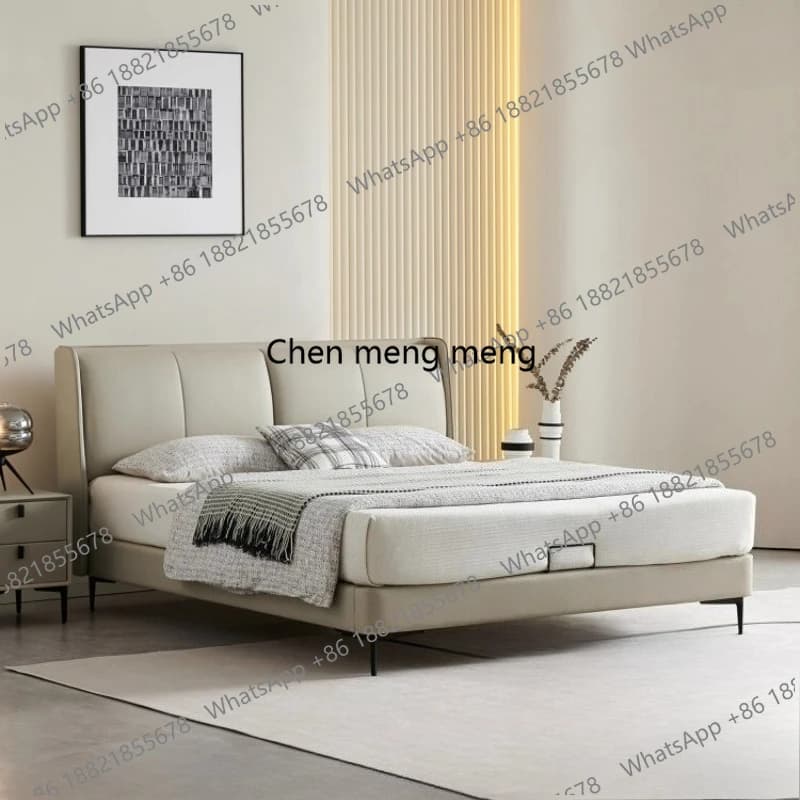 Modern King Size Leather Bed Frame Headboard Italian Soft Bag Double Bed Home Twin Wooden Master Bedroom Furniture