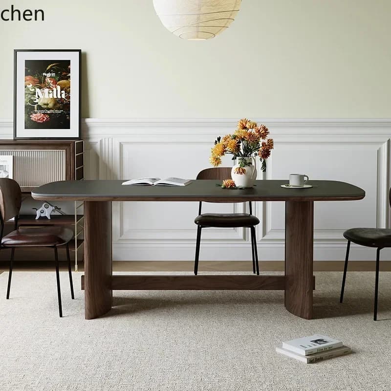 HYS dining tle and chair combination household walnut rectangular rock sl dining tle