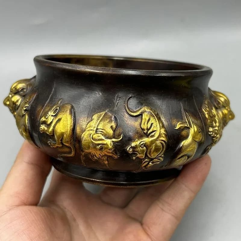 Antique Bronze Collection: Gilt Brass Zodiac Animal Incense Burner, Home Decorative Craft Ornament