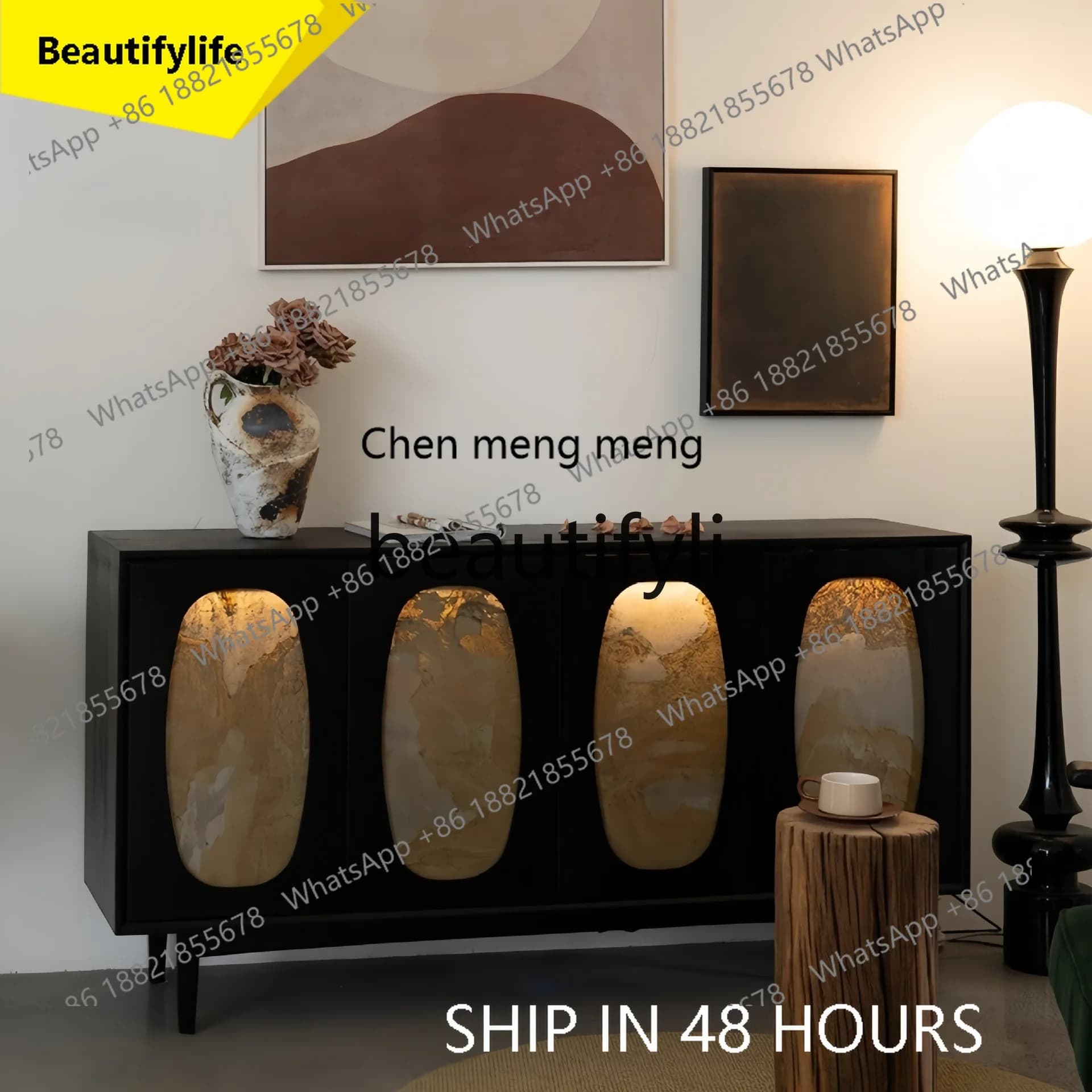 A32 Side cabinet French retro solid wood dining side cabinet natural stone living room storage cabinet