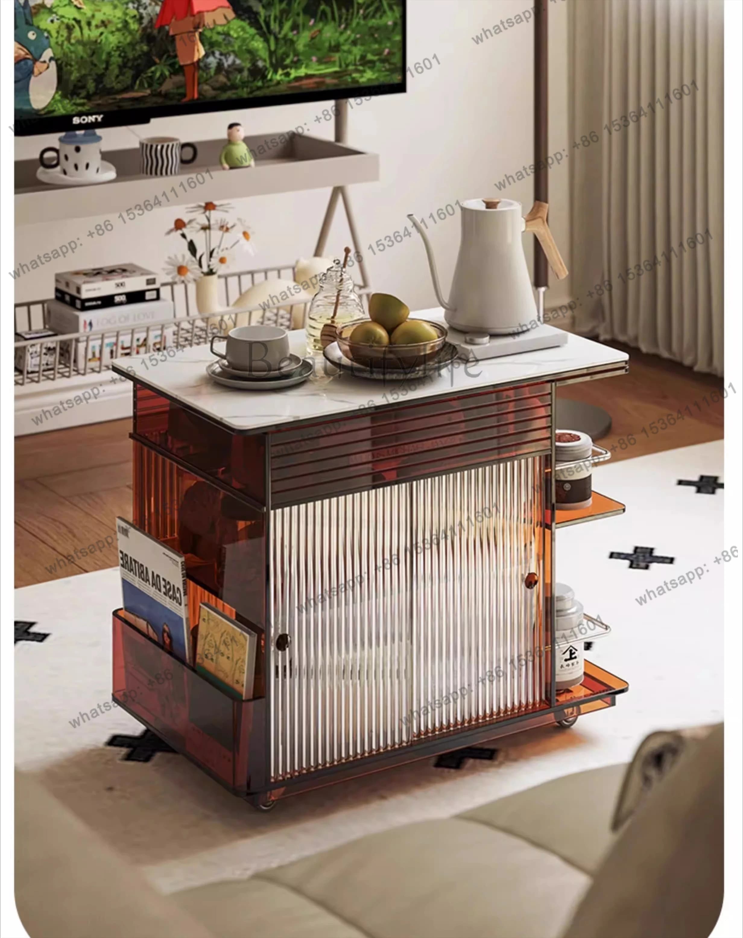 Movable lifting coffee table acrylic furniture side table medieval sofa side cabinet rock slab small tea table