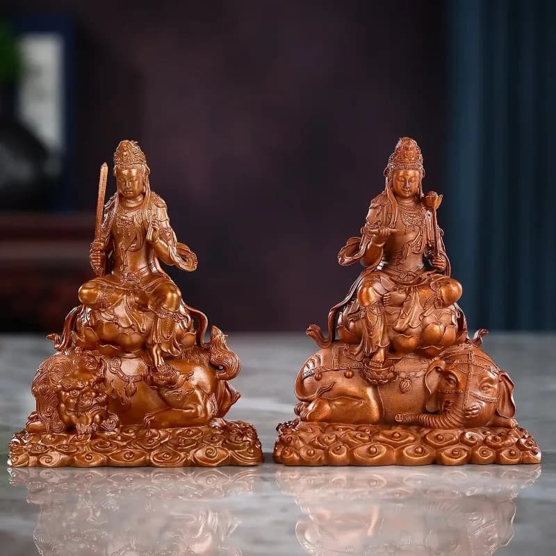 FX-8  Copper Manjushri Puxian Bodhisattva Seated Statue Home Office Desktop Mini Huayan Sansheng Buddha Crafts
