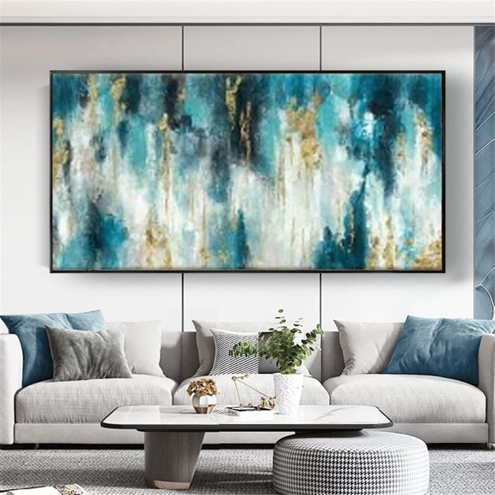 Modern Home Decor picture 100% Hand-Painted Abstract Oil Paintings large Blue Gold Textured Canvas Mural Wall Art