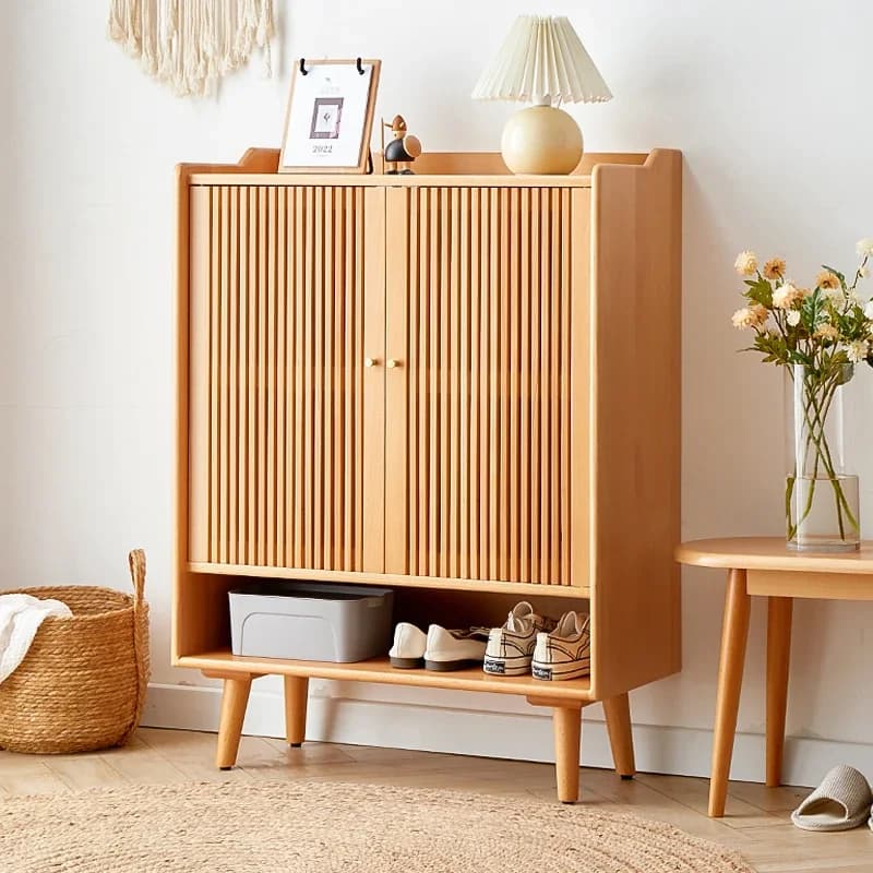 Modern Solid Wood Shoe Cabinet Double Door Large Capacity Entrance Organizer Simple Design Living Room Entrance Wall Mounted