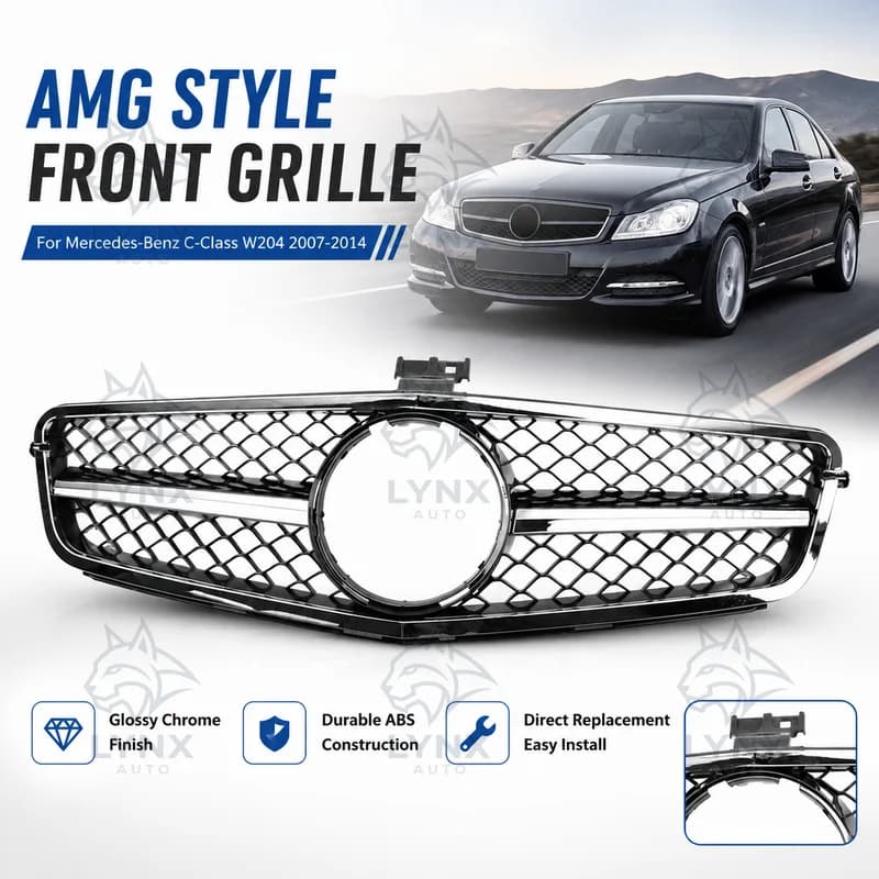 For Mercedes-Benz C-Class W204 2007-2014 Front Radiator Upper Glossy Chrome Silver AMG Style Replacement Grille