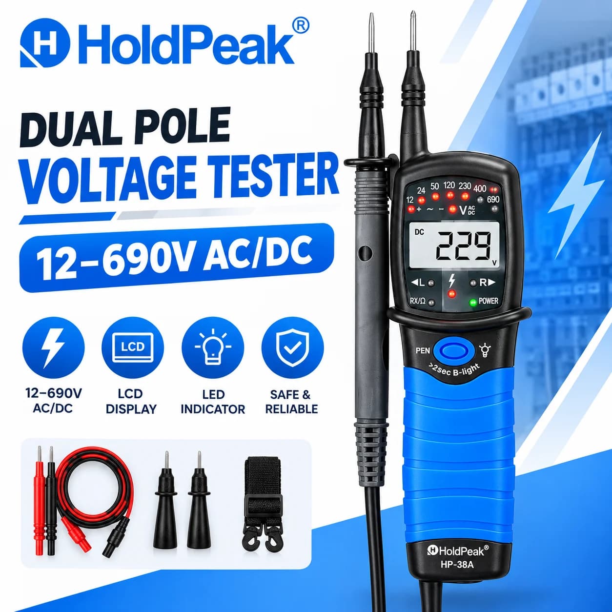 HoldPeak 38A 2-Pole Voltage Tester Pen, AC/DC 12-690V Detector, Auto-Ranging LCD, Phase Rotation & Continuity, CAT III 690V