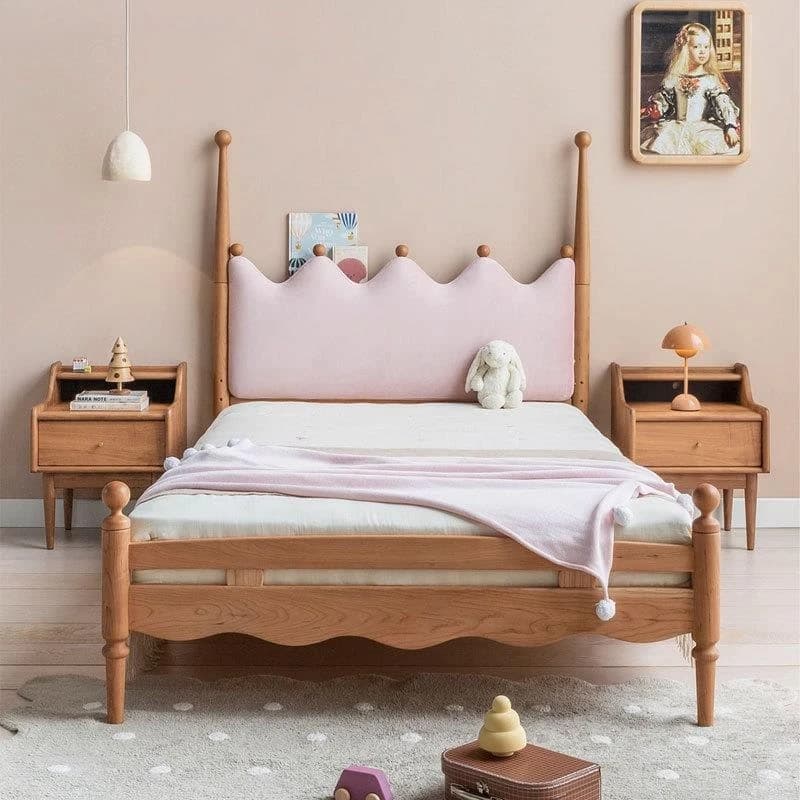 Solid wood crown bed retro cherry wood soft bag bedside, small apartment French style princess prince bed