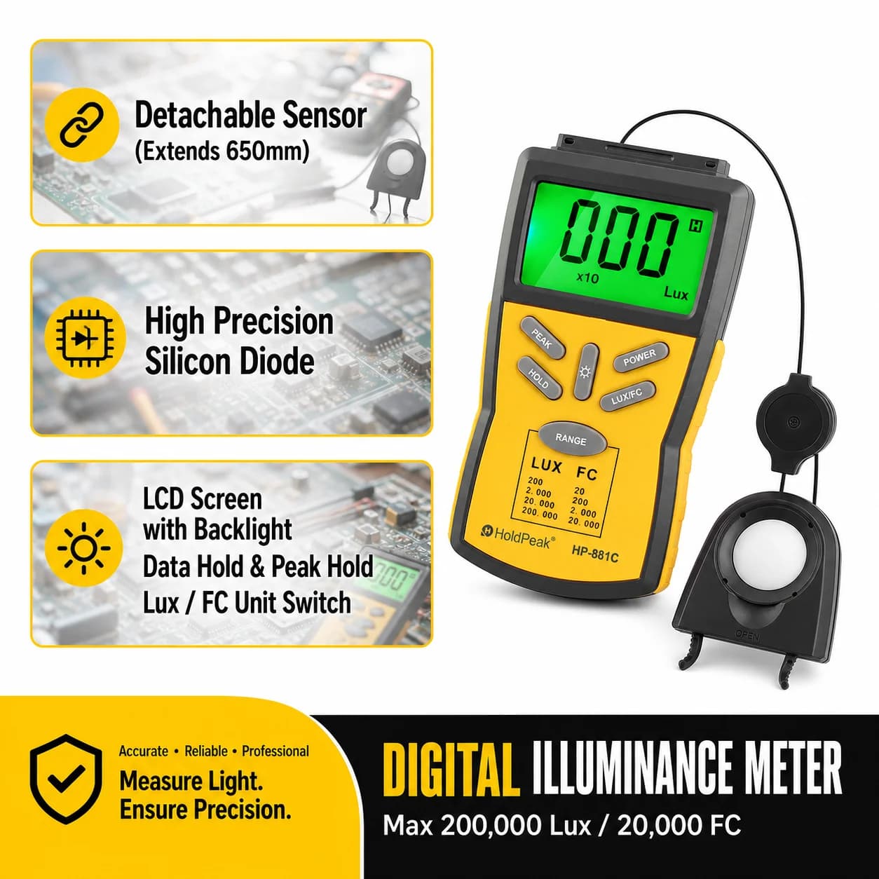 Digital Lux Meter Light Meter 200,000 Lux/FC Illuminance Tester LCD Peak Hold Sensor for Plants Photography Factory School