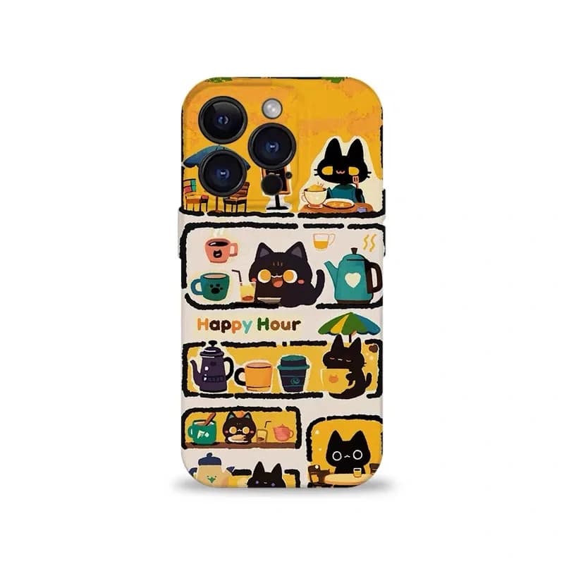 Yellow Black Cat Cafe Cartoon Phone Case for IPHONE 17 Air 16E 15 PROMAX 14 Plus 13 12 MINI 11 PRO 16Plus XR Acrylic Phone Cover