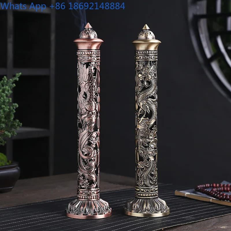 Antique-Style Vertical Dragon and Phoenix Pillar Incense Burner Metal Incense Holder Indoor Chinese Retro Ornament Incense Stand