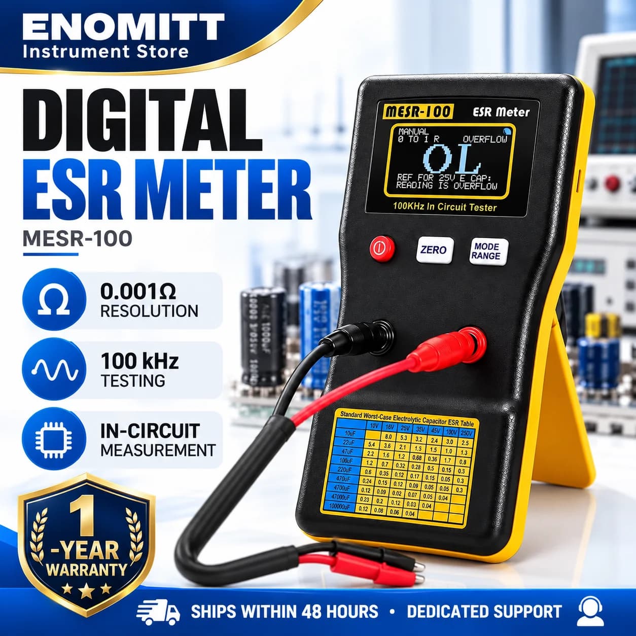 ESR Meter Capacitor Tester, 0.001~100R Low Ohm Meter Measurement Internal Resistance Capacitors, Capacitance Circuit Tester