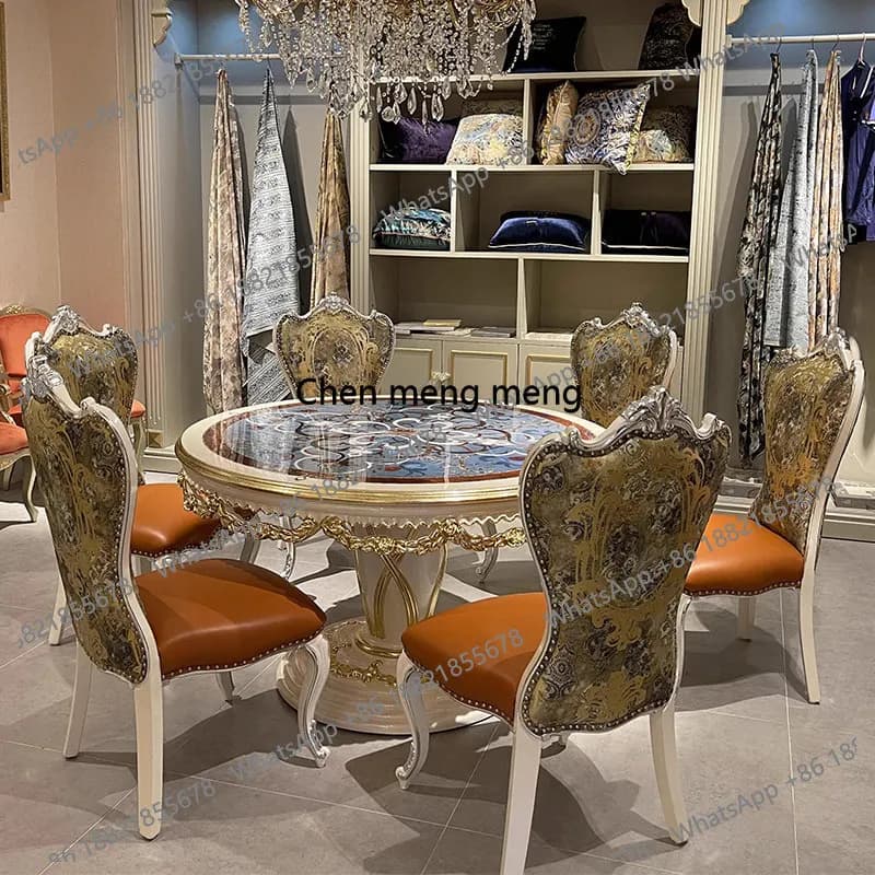 Solid wood round dining table and chairs, painted dining table, neo-classical, villa dining table