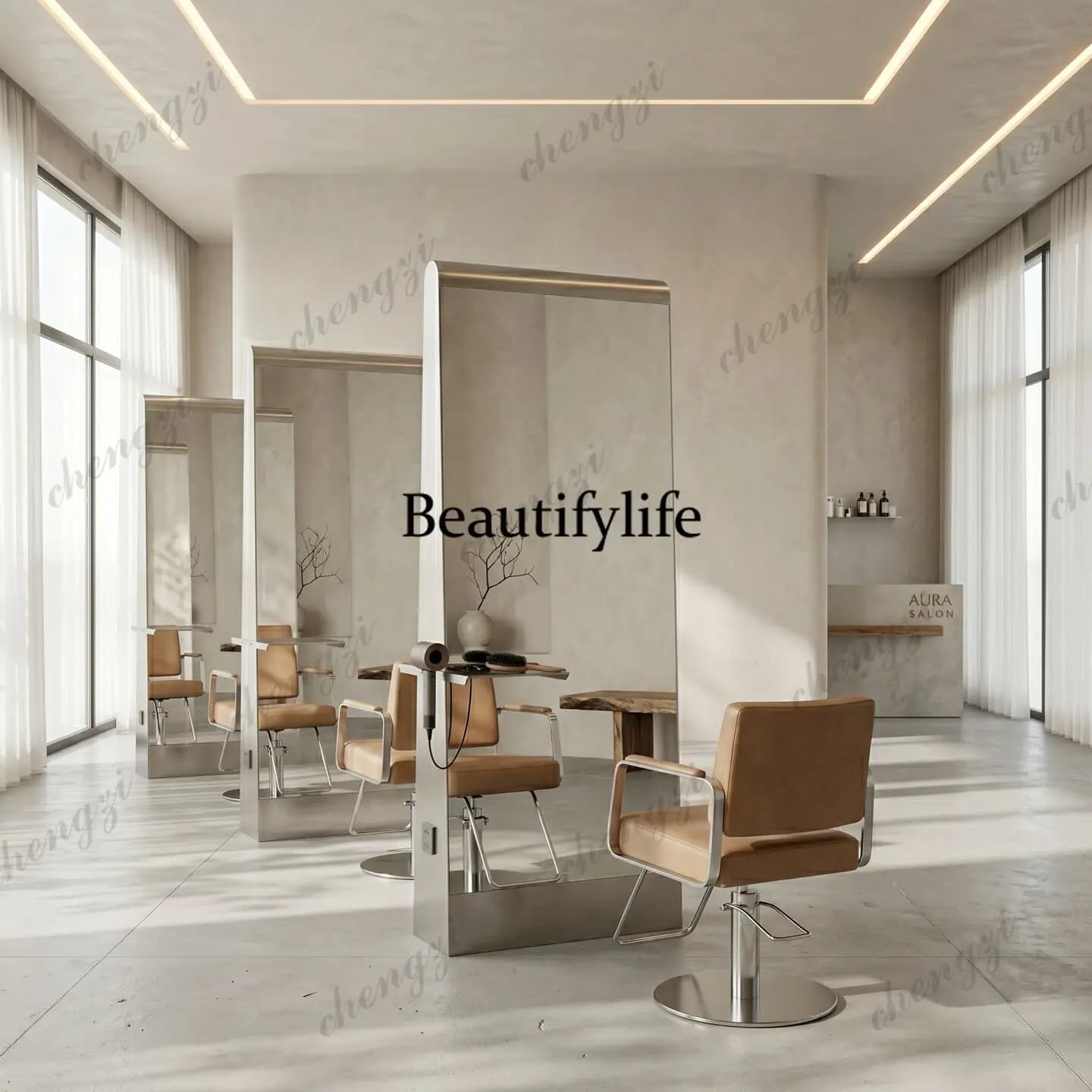 Modern minimalist hairdressing mirror stand, stainless steel salon-specific double-sided mirror for hairdressing