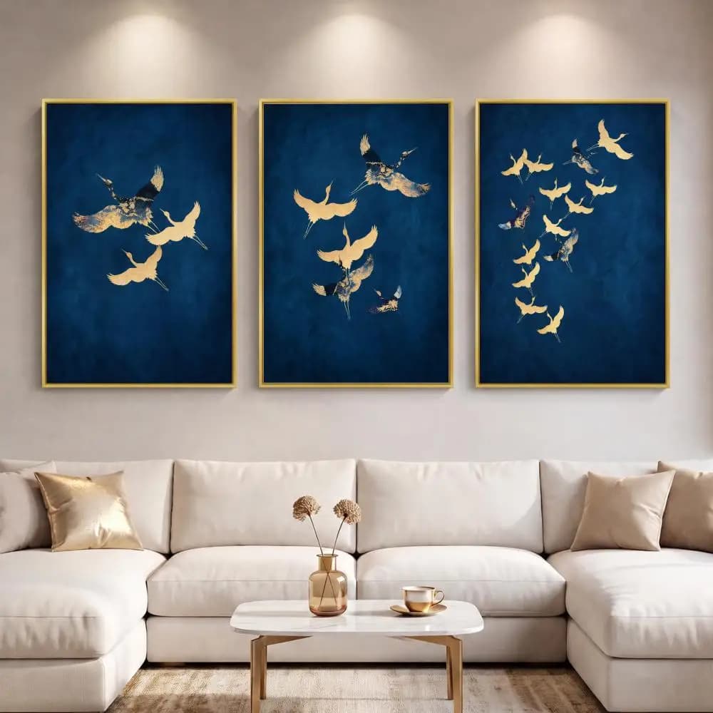 Blue and gold Japanese Dark Blue Crane Formation Painting Calligraphy 3 PCS Canvas Wall Art for Living Room Decor Wall Decals