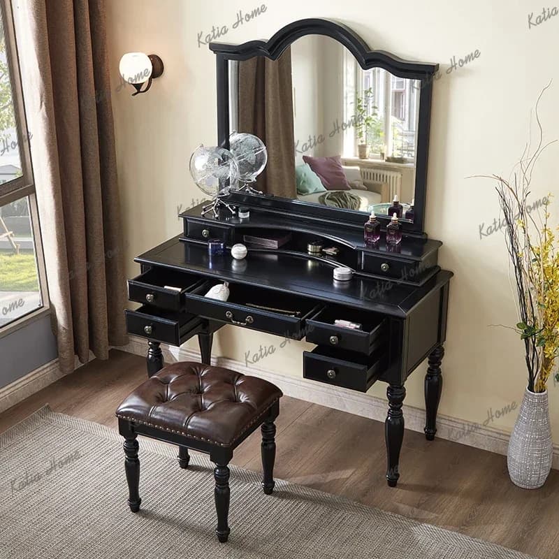 FG Villa Black Wood Vanity Table Bedroom American Big Storage Mirror Dressing Table Makeup Desk Drawers Coiffeuse Furniture