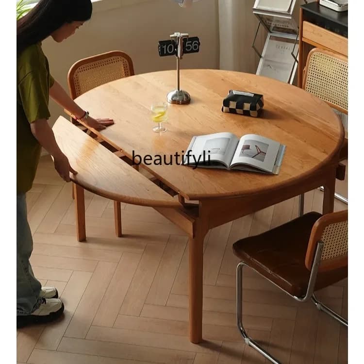 X Telescopic Nordic Cherry Wood Solid Wood Extendable Dining Table Foldable Telescopic Round Table Home Dining Table