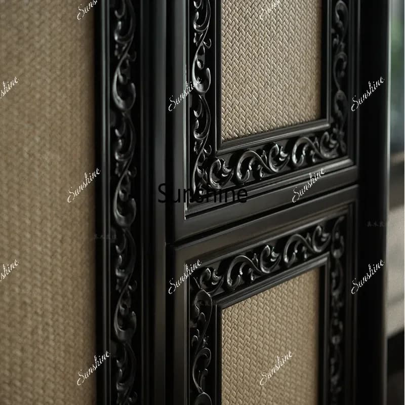 YRetro solid wood carving flower porch cabinet against the wall storage, rattan weaving, new Chinese small apartment