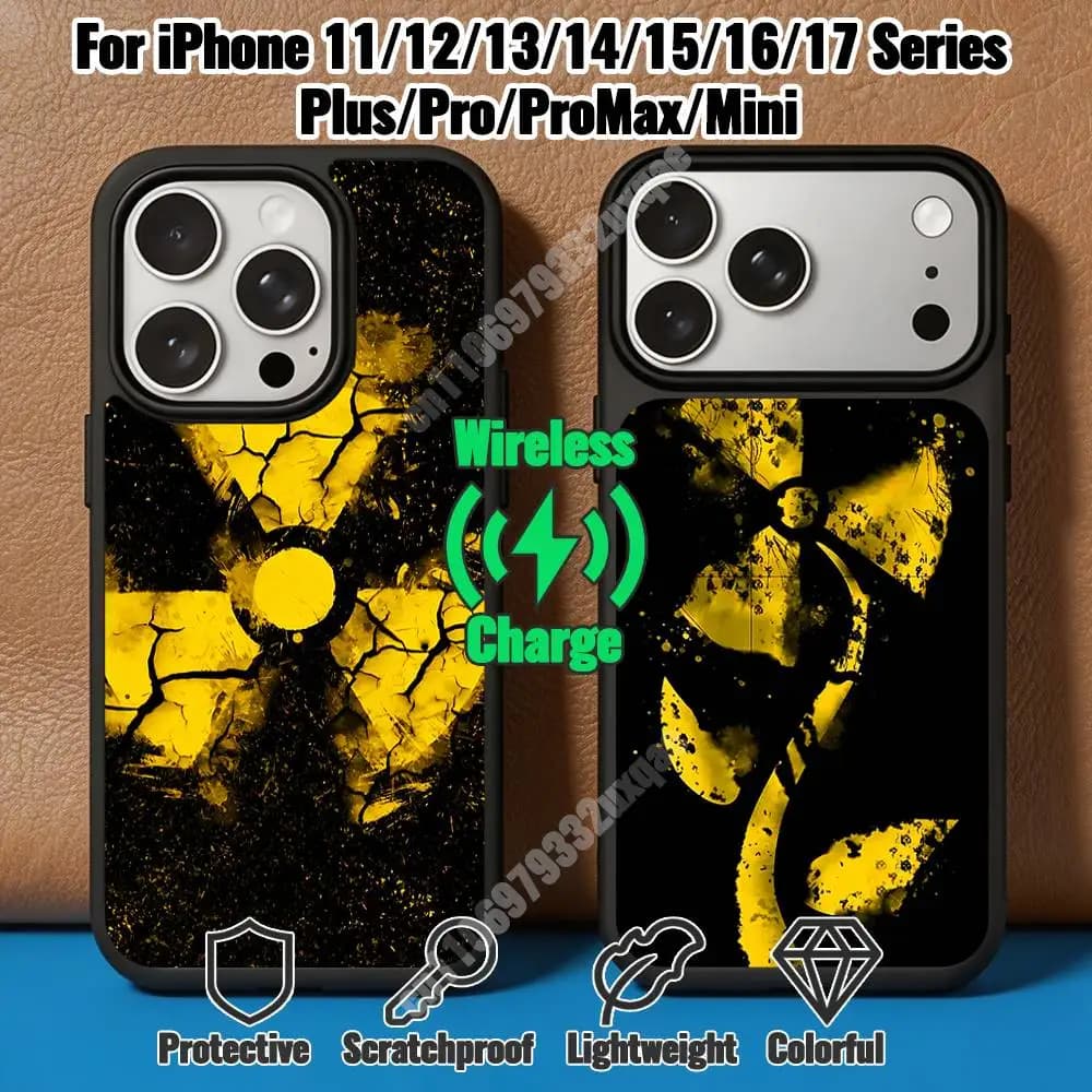 Nuclear Radiation Warning Sign Magnetic Charge Case for iPhone 17 16 15 14 Pro Plus 13 12 11 Max Mini Outdoor Bumper