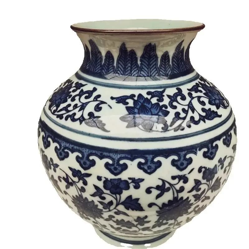 Chinese Old Porcelain round Vase Blue And White Entangled Lotus Pattern Traditional Decorative Floor Standing Artwork