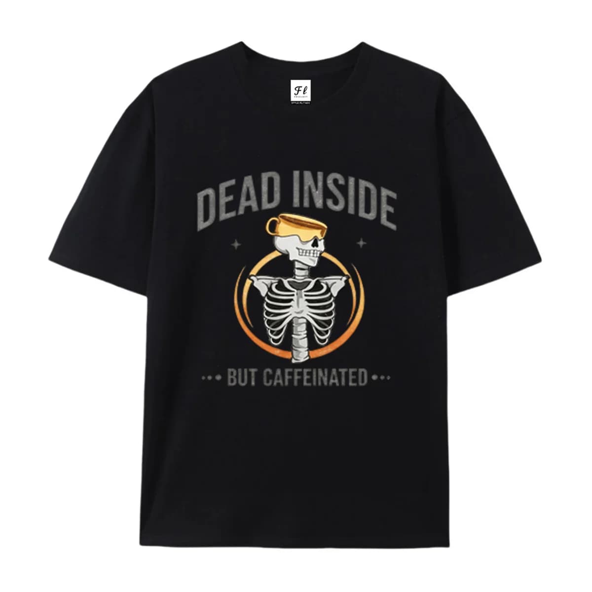 Dead Inside But Caffeinated T-Shirt Skull Coffee Graphic Tee Funny Coffee Lover Shirt Skeleton Coffee Cup Print Top Casual Tee
