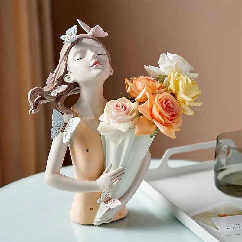 Modern Decorative Flower Vase Butterfly Girl Sculptures Interior Home Desktop Resin Ornament Household Floral Decoration Crafts