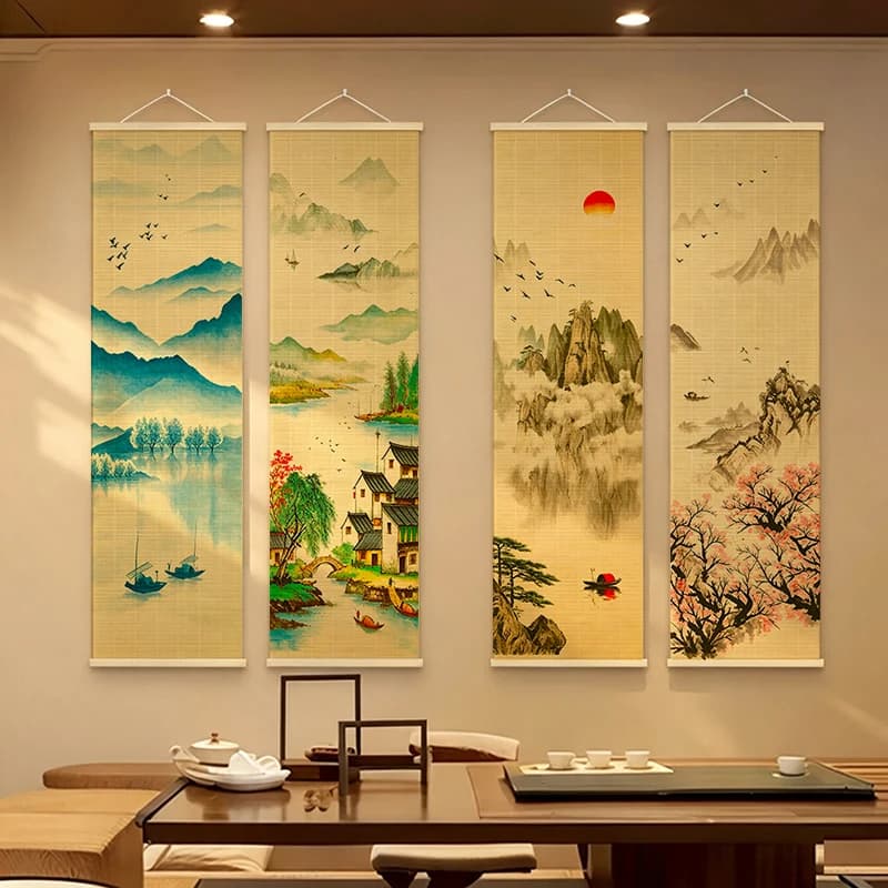 Zen Wall Decor Japanese Karesansui Landscape Crane Bamboo Scroll Tapestry Wall Hanging for Tea Room Living Room House Decoration