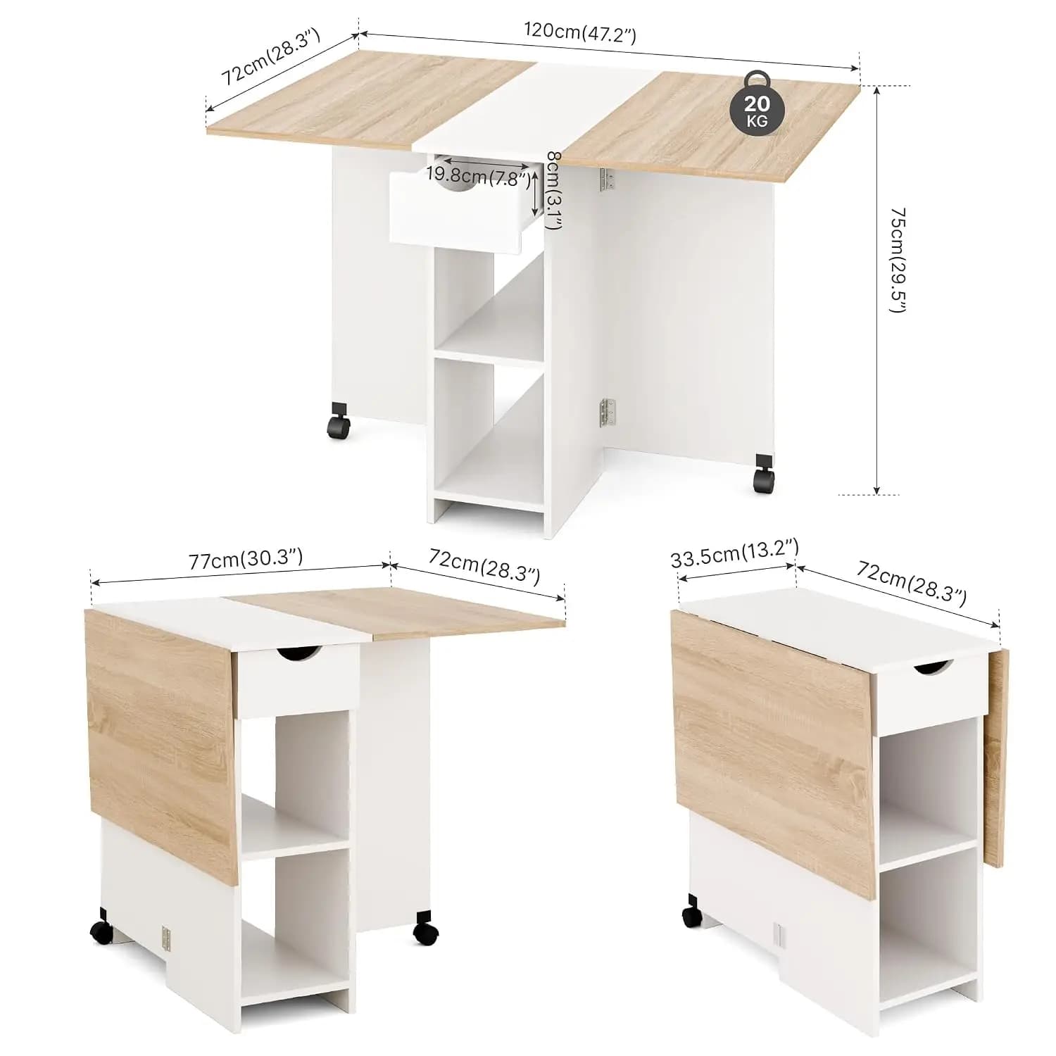 Folding Dining Table with Drawer and Shelves, Oak & White