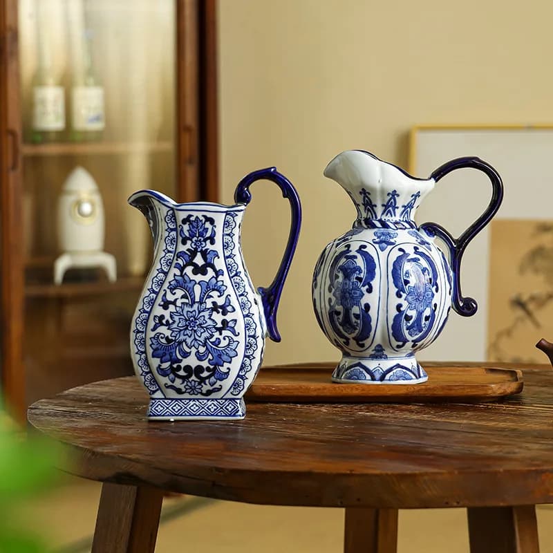 Blue White Floral Ceramic Pitcher Vase Single Handle Jug Container Vintage Tabletop Fresh Dried Flower Home Decor Ornament