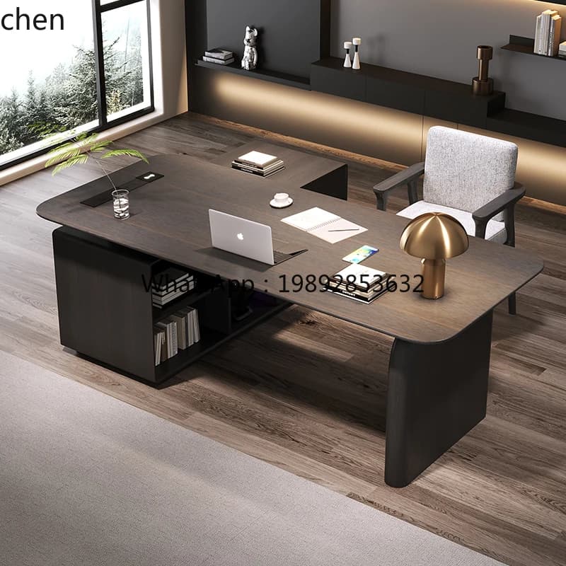 smoked solid wood board desk light luxury modern minimalist living room large long study high-end computer desk