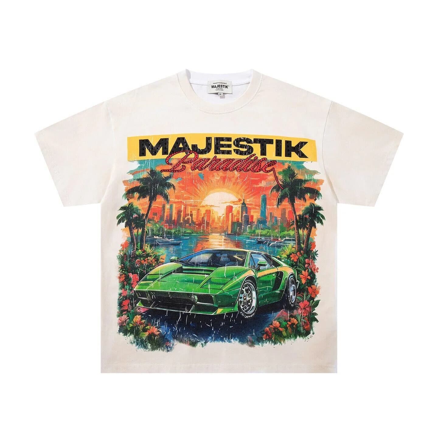 MAJESTIK Street Casual Car Print Short-Sleeved T-Shirt - Men's and Women's American Retro Beaded Loose Summer Top