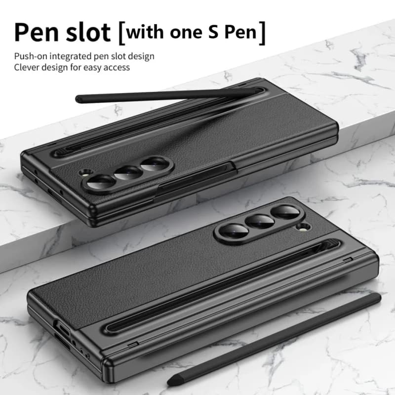 Leather Folding Phone Cover for Samsung Galaxy Z Fold6/Z Fold5/Z Fold4 With Front Tempered Film and Pen
