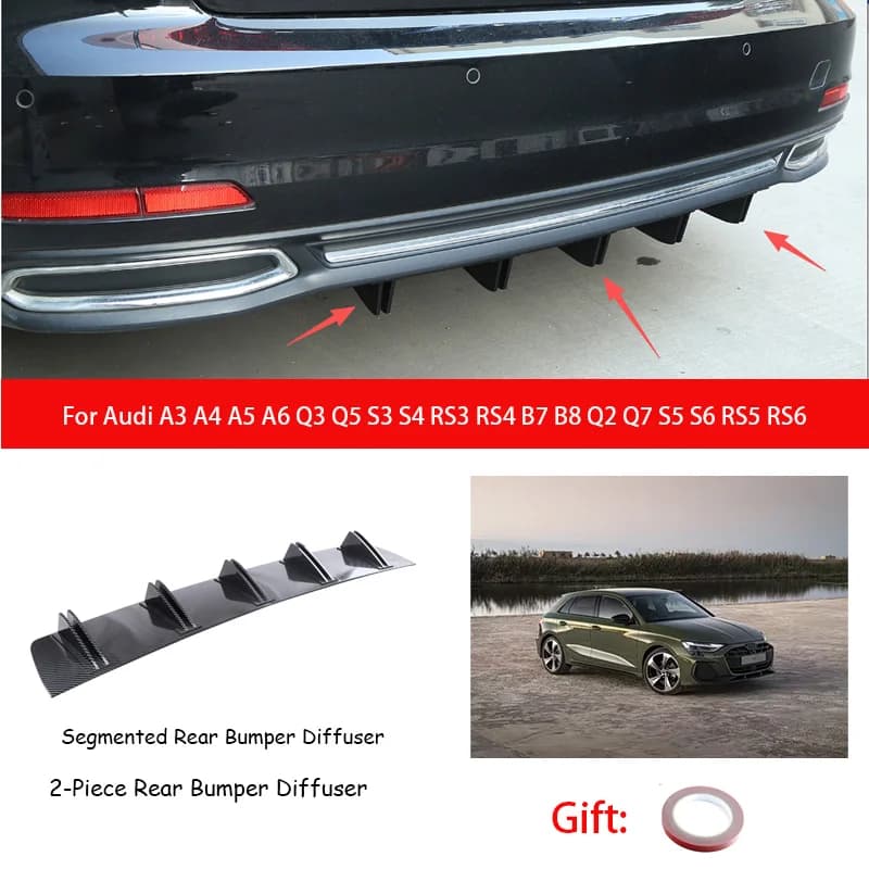 For Audi A3 A4 A5 A6 Q3 Q5 S3 S4 RS3 RS4 B7 B8 Q2 Q7 S5 S6 RS5 RS6 ABS Rear Bumper Lip Diffuser Shark Fin Anti-collision