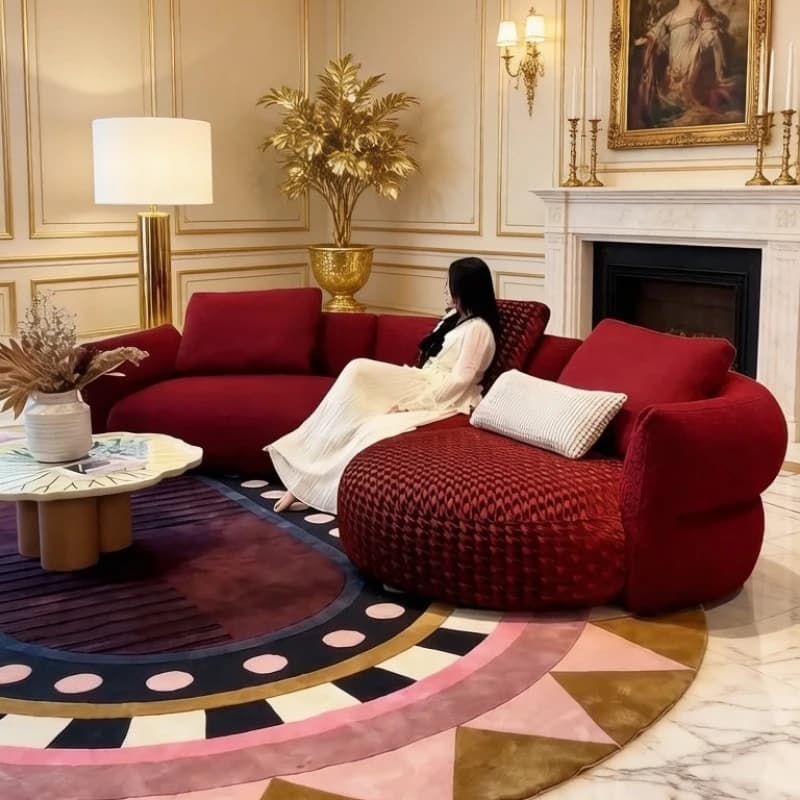 Minimalist sofa retro red thousand bird grid villa large lamb wool fabric sofa