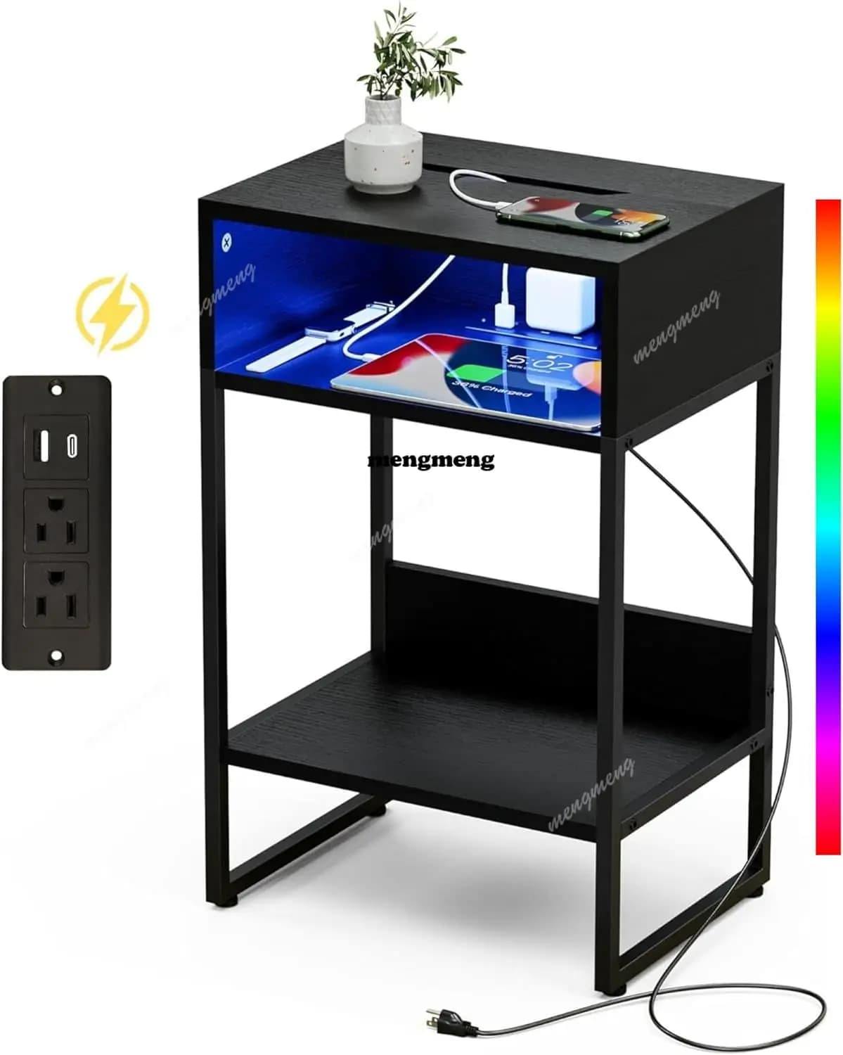 LED Nightstand with Charging Station USB A&C Ports Storage Compartment Bed Side End Table with Color Charging Light Strip Black