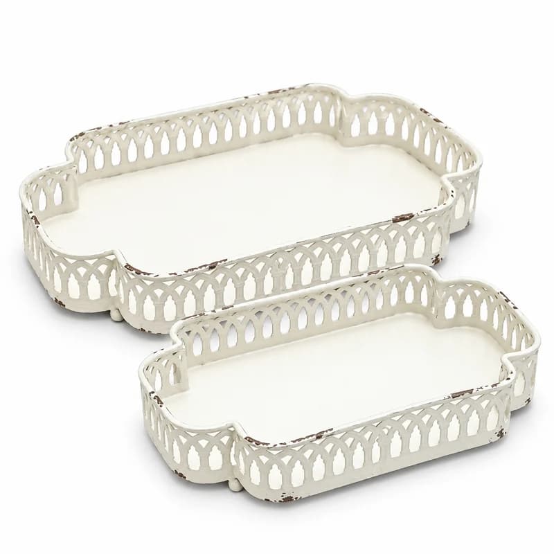 Vintage White Decorative Metal Tray with Ornate Pierced Edge, Distressed Finish, Footed Serving Tray, 30cm x 21cm x 6cm