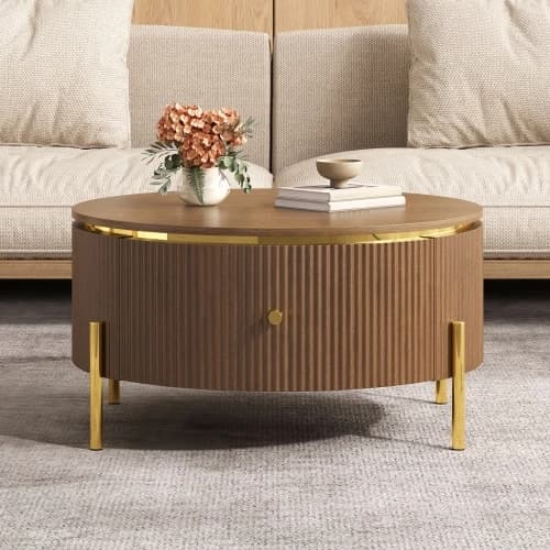 Modern Round Coffee Table with 2 Large Drawers Storage Eco-Friendly Durable Brown 31.5" Living Room Furniture