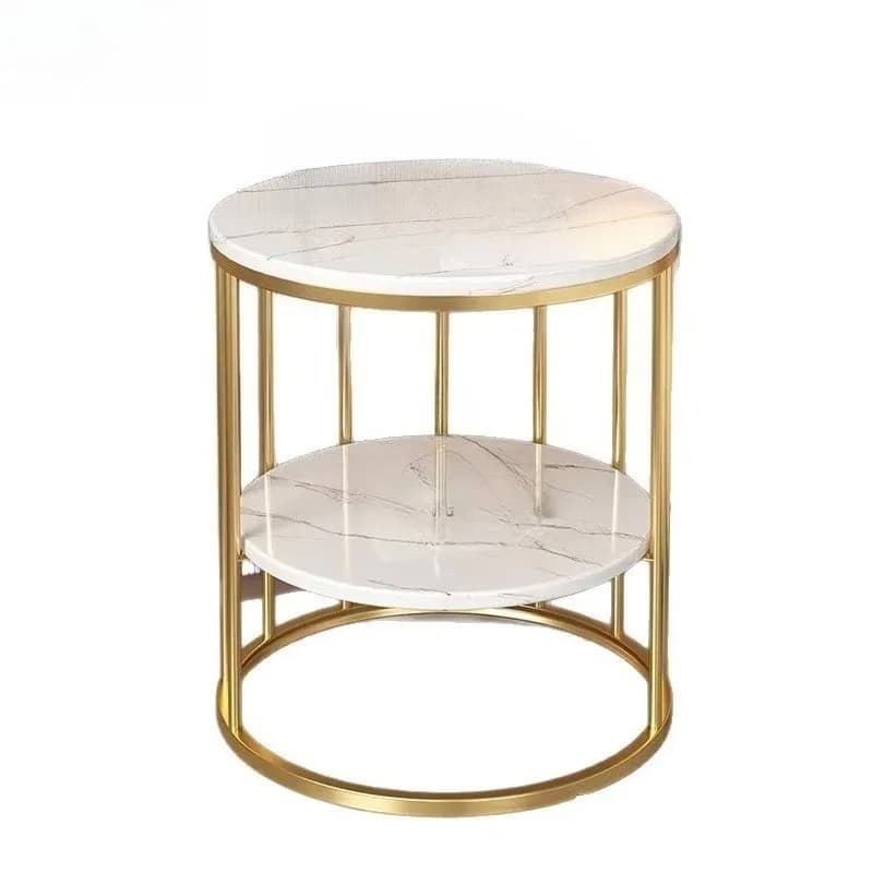 Modern round coffee table, black metal base, white marble pattern desktop, suitable for living room home decoration