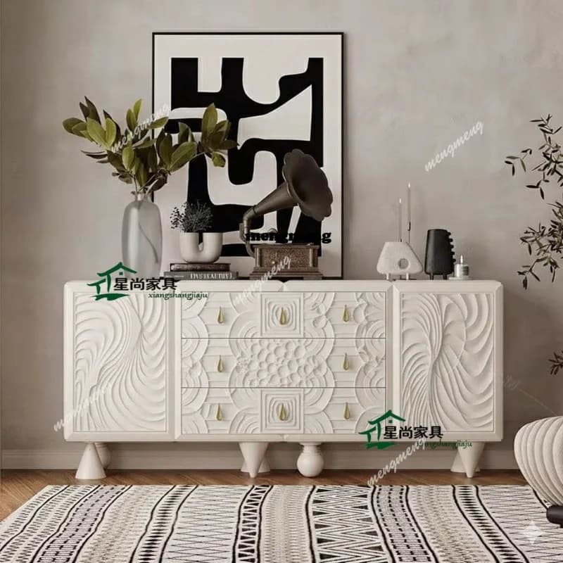 French light luxury dining side cabinet white carved drawer locker living room dining room furniture